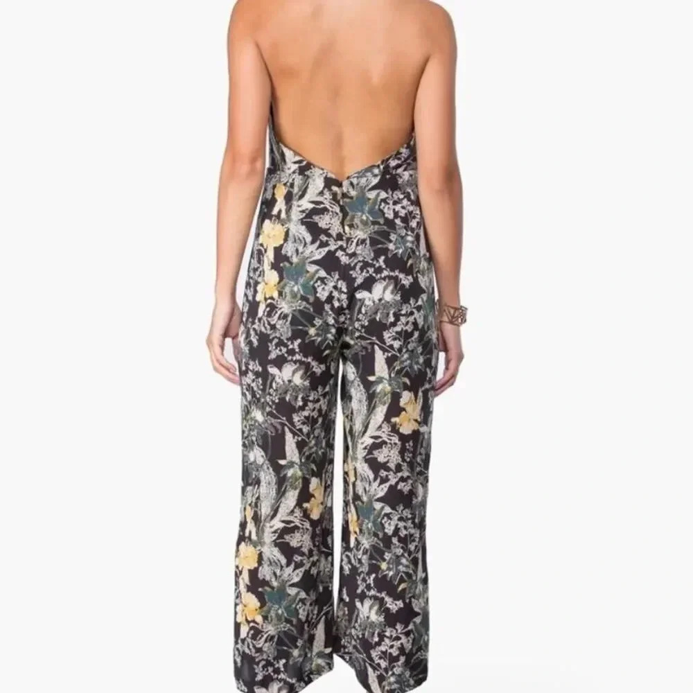 Free People Black and green floral jumpsuit with open back